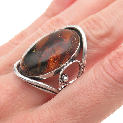 925 Sterling Silver Vintage Real Amber Modernist Oxidized Ring Size 9