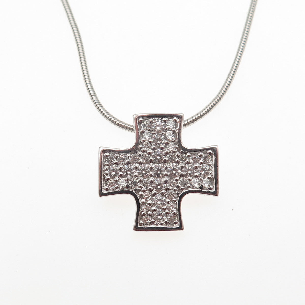 925 Sterling Silver Italy Round-Cut C Z Cross Snake Chain Necklace 18"