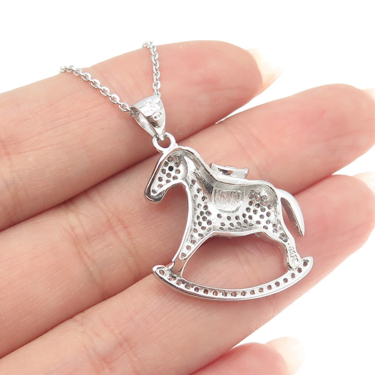 925 Sterling Silver Round-Cut Black & White C Z Rocking Horse Chain Necklace 16"