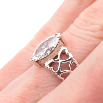 925 Sterling Silver Vintage Marquise-Cut C Z Heart Link Ring Size 6