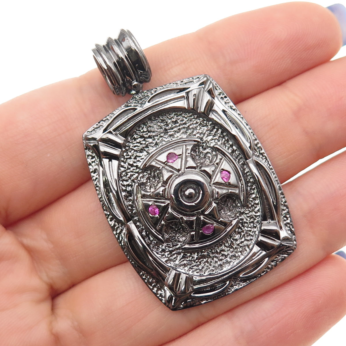 JOLUSA 925 Sterling Silver Black Rhodium Real Pink Sapphire Cross Pendant