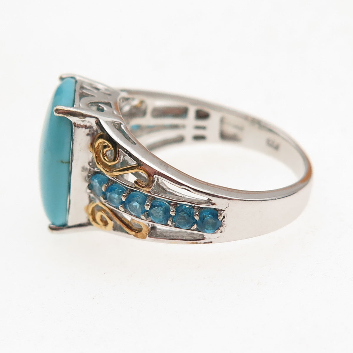 Chuck Clemency 925 Sterling Silver 2-Tone Real Turquoise Apatite Ring Size 8.25
