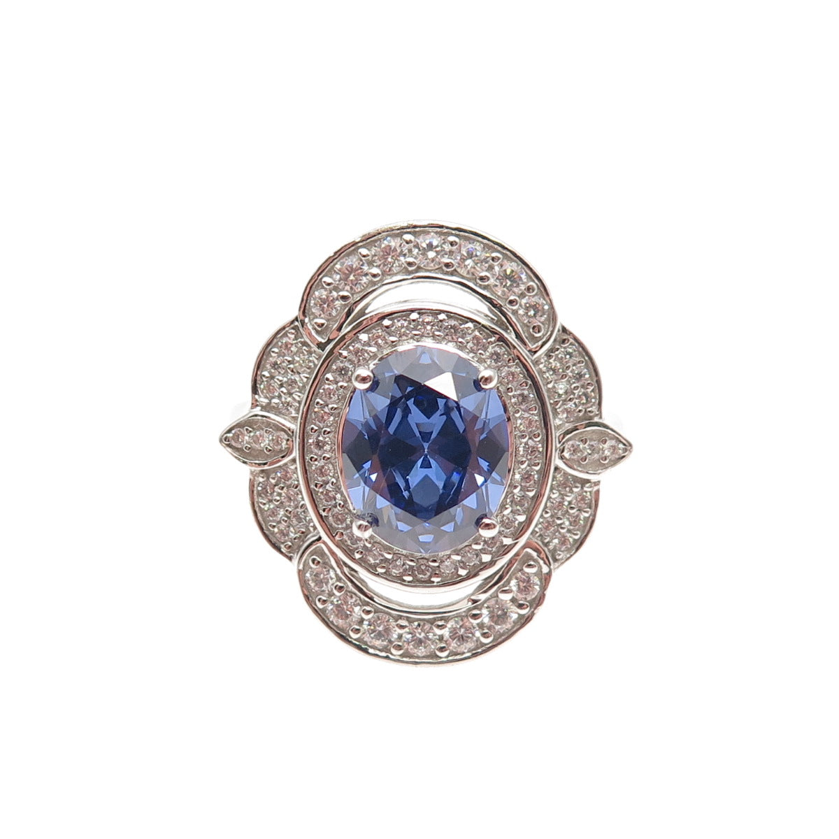 925 Sterling Silver Oval-Cut Blue & Round-Cut White C Z Ring Size 8