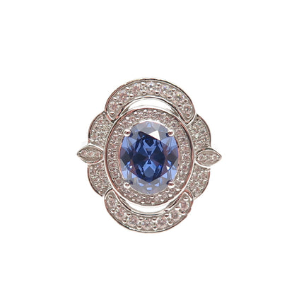 925 Sterling Silver Oval-Cut Blue & Round-Cut White C Z Ring Size 8