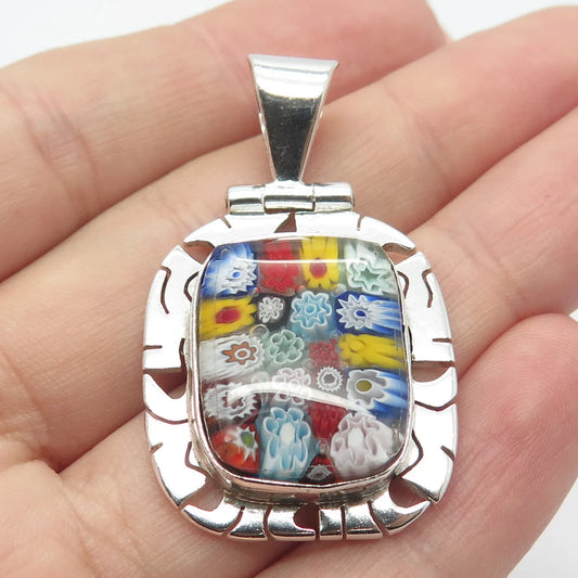 950 Silver Vintage Multi-Color Glass Floral Pendant