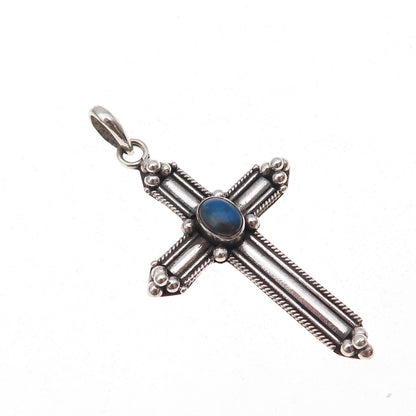 925 Sterling Silver Vintage Real Lapis Beaded Cross Oxidized Charm Pendant