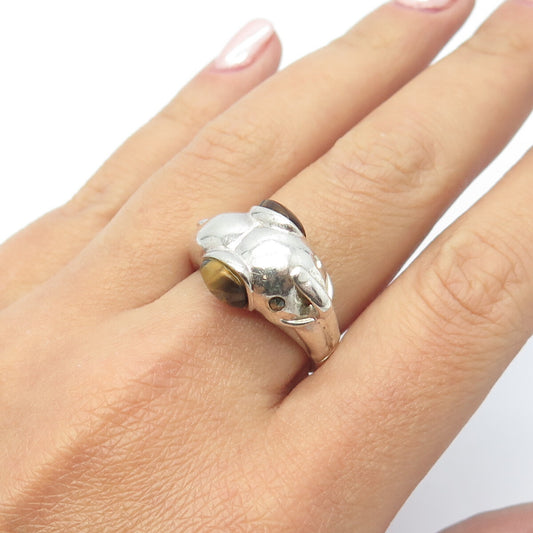 925 Sterling Silver Vintage Tiger Eye Gem Elephant For Good Luck Ring Size 8.75