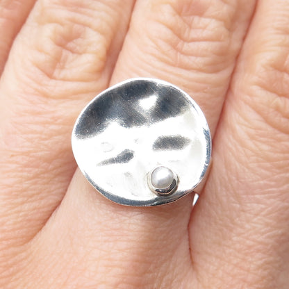 BARONI 925 Sterling Silver Vintage Real Pearl Modernist Hammered Ring Size 7.25