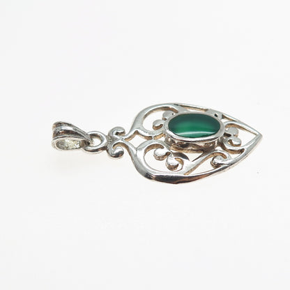 925 Sterling Silver Vintage Real Green Onyx Ornate Heart Charm Pendant