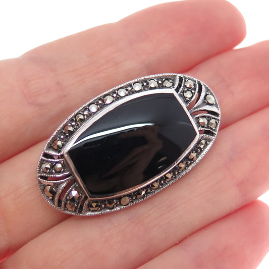 925 Sterling Silver Vintage Real Black Onyx & Marcasite Oxidized Pin Brooch