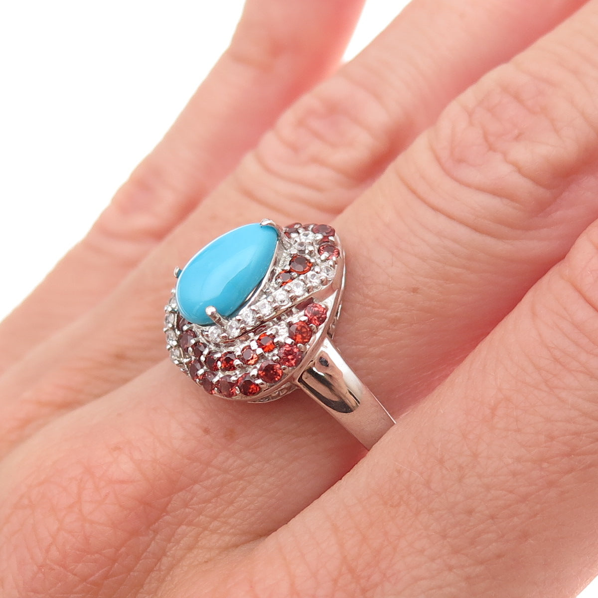 Chuck Clemency Sterling Silver Real Turquoise Red Garnet White Topaz Ring Size 8