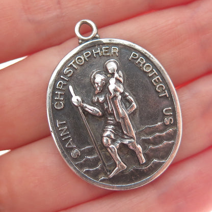 HAYWARD 925 Sterling Antique Art Deco St. Christopher Religious Oxidized Pendant