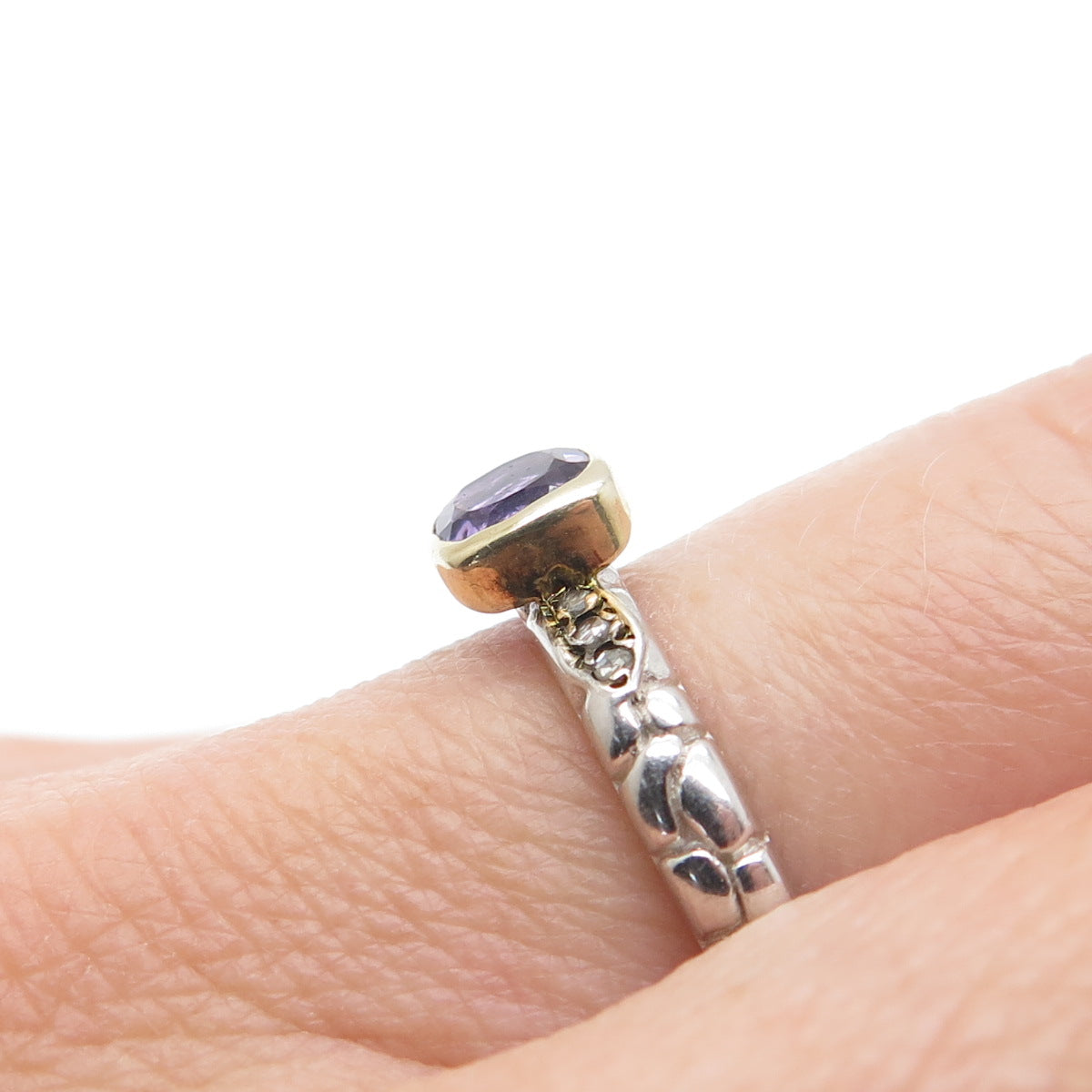 925 Sterling Silver 2-Tone Real Diamond & Amethyst Ring Size 6.75