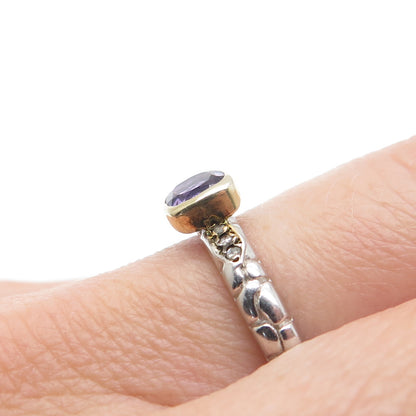 925 Sterling Silver 2-Tone Real Diamond & Amethyst Ring Size 6.75