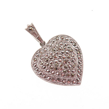 Theda 925 Sterling Silver Antique Art Deco Real Marcasite Heart Charm Pendant