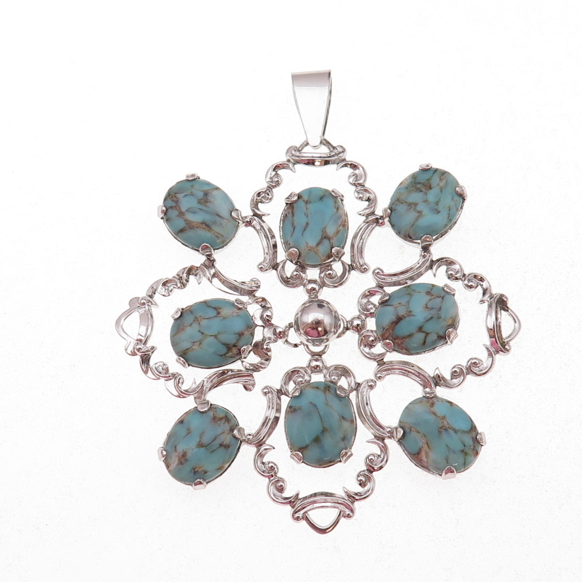 Van Dell 925 Sterling Silver Antique Art Deco Faux Turquoise Floral Pendant