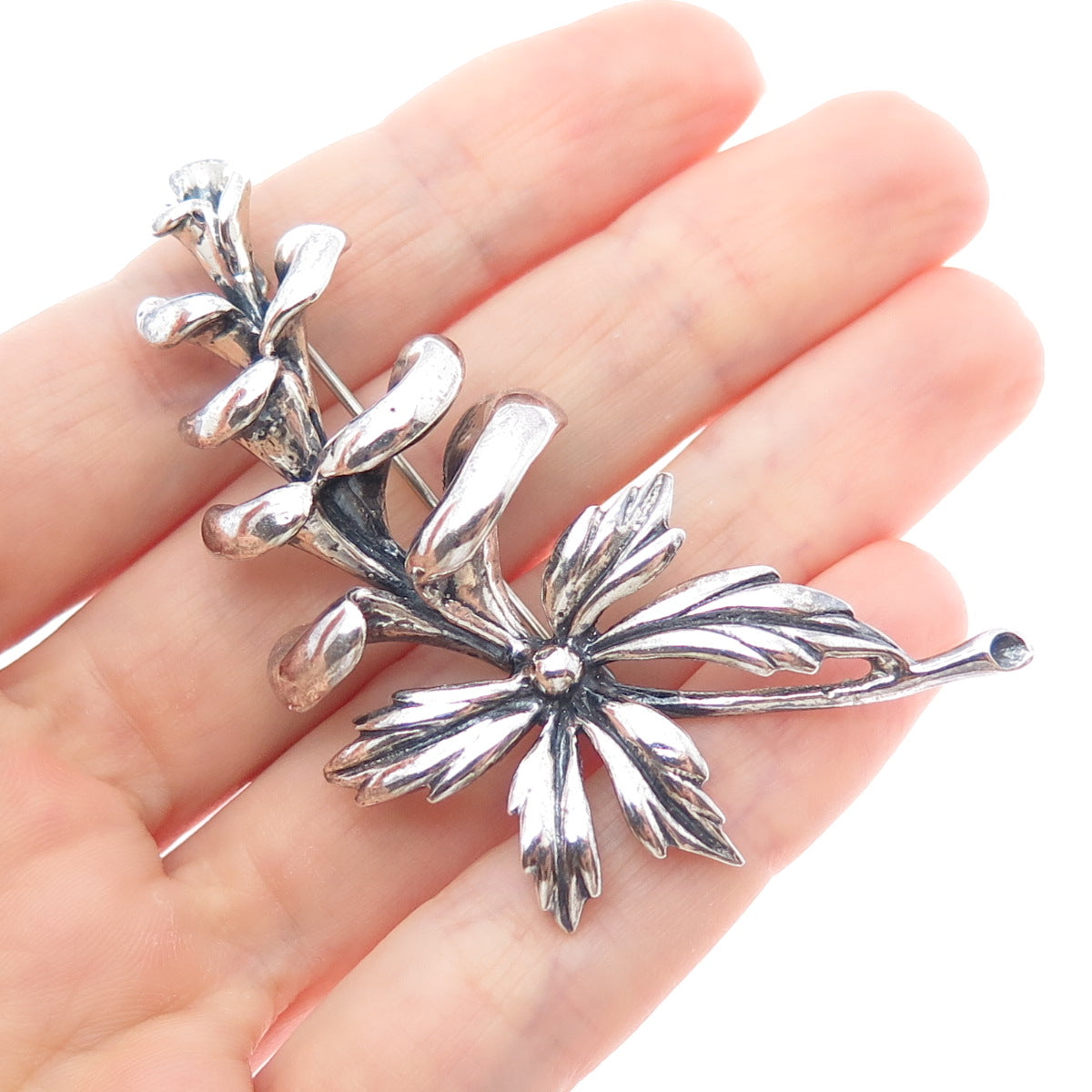 JEWELART 925 Sterling Silver Vintage Modernist Flower Oxidized Pin Brooch