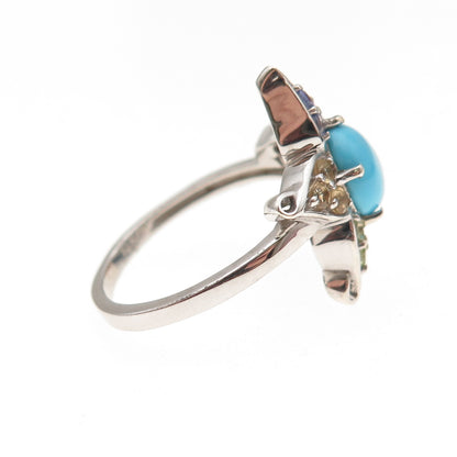 Chuck Clemency Sterling Silver Real Turquoise & Multi-Gem Floral Ring Size 8.25