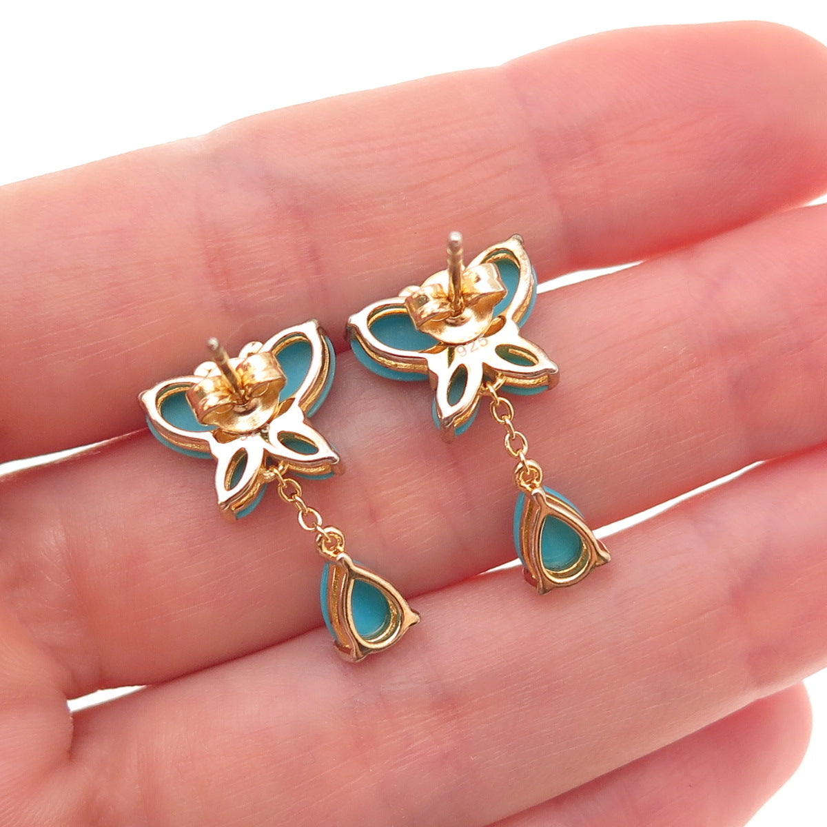 925 Sterling Silver Gold Plated Real Turquoise Butterfly Dangle Earrings