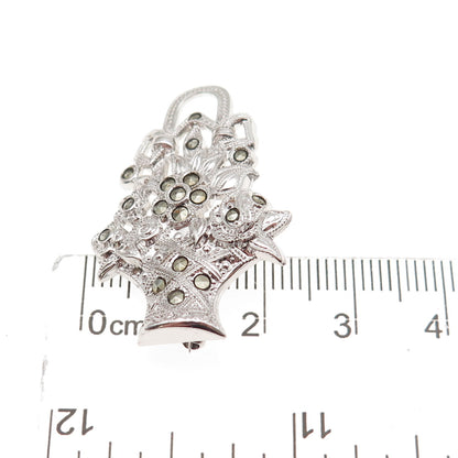 Uncas 925 Sterling Silver Antique Art Deco Real Marcasite Flower Pin Brooch