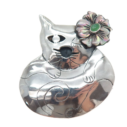 925 Sterling Silver Vintage Real Abalone Shell & Jade Cat Flower Brooch Pendant
