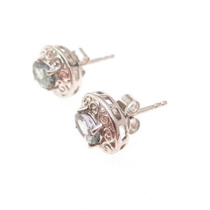 Chuck Clemency 925 Sterling Silver Real Oval-Cut Iolite Floral Stud Earrings