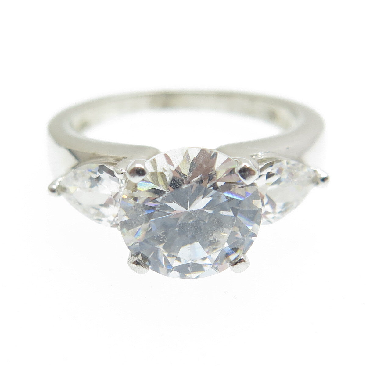 925 Sterling Silver Round & Pear-Cut C Z Engagement Ring Size 5.75