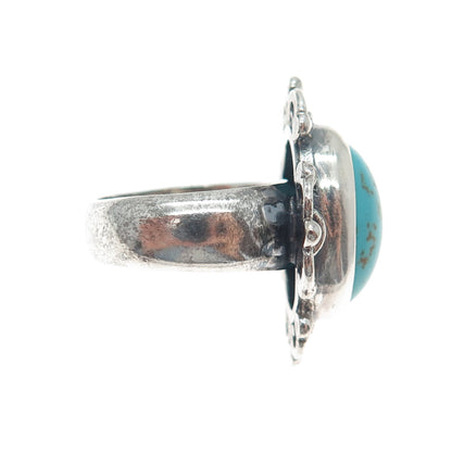 925 Sterling Silver Vintage Real Turquoise Fleur de Lis Oxidized Ring Size 8.75