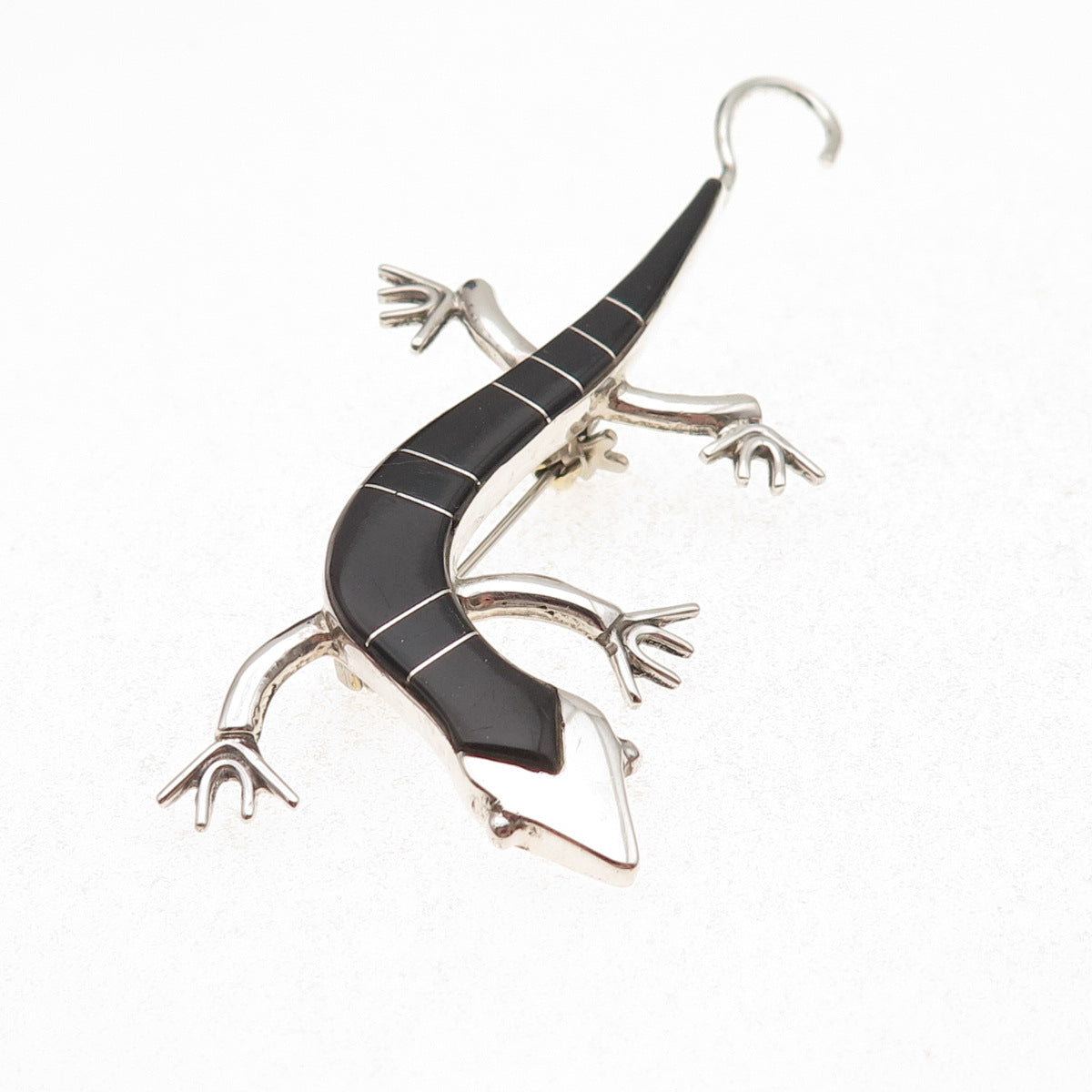 Old Pawn 925 Sterling Silver Vintage Southwestern Black Onyx Lizard Pin Brooch