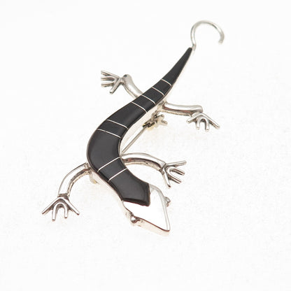 Old Pawn 925 Sterling Silver Vintage Southwestern Black Onyx Lizard Pin Brooch
