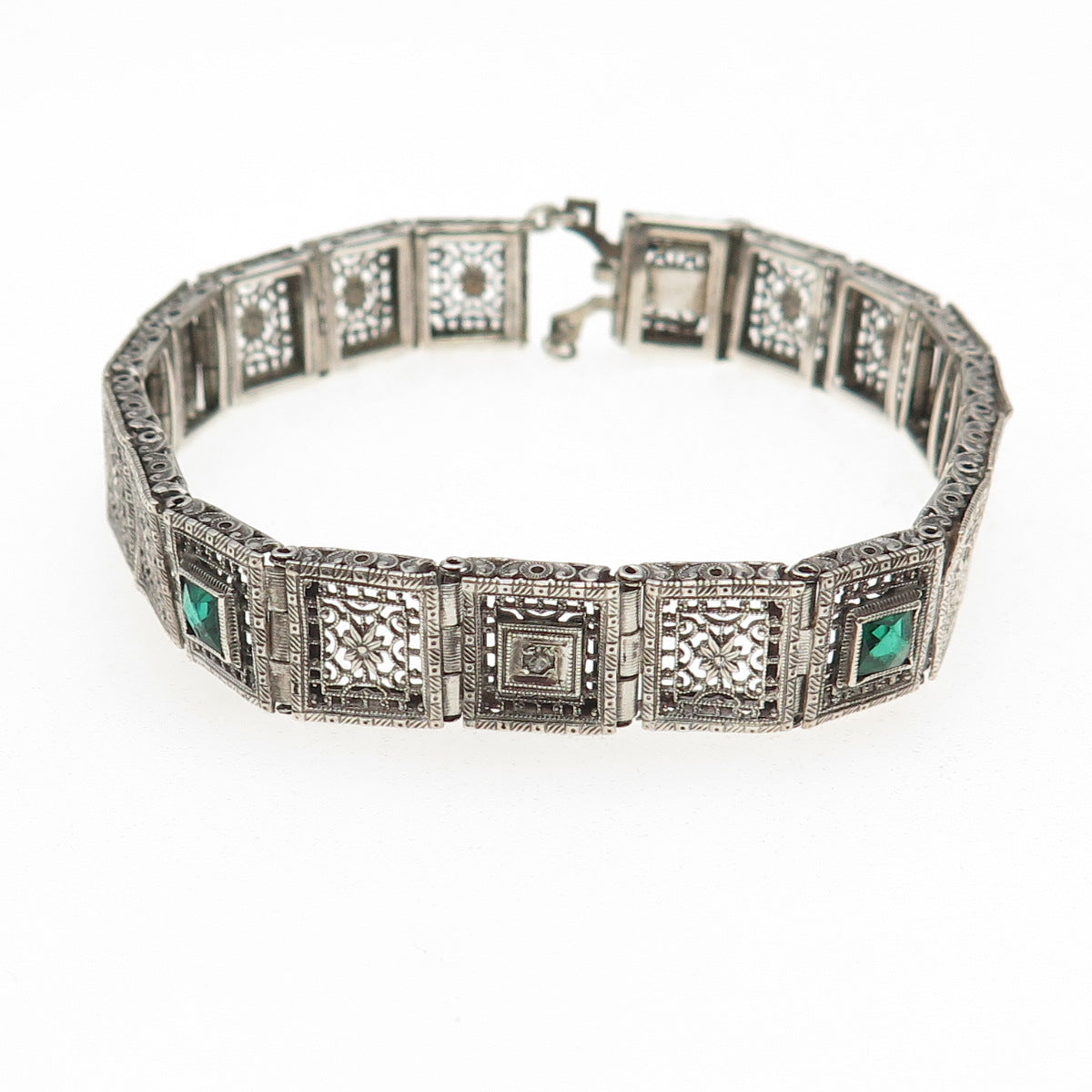 Sterling Antique Rhinestone Real Diamond Filigree Bracelet 7.25" (broken link)