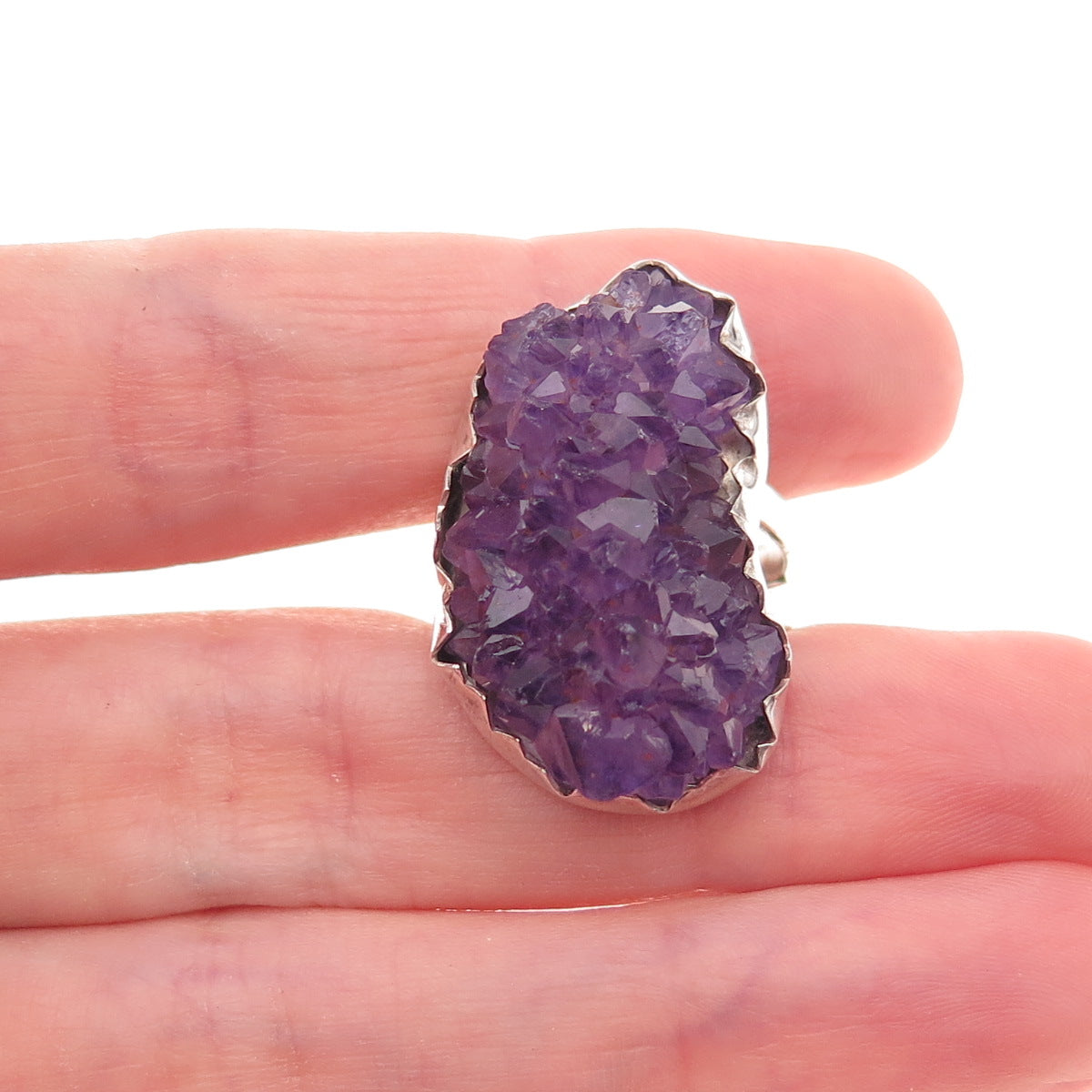 925 Sterling Silver Vintage Real Amethyst Modernist Oxidized Ring Size 8.5