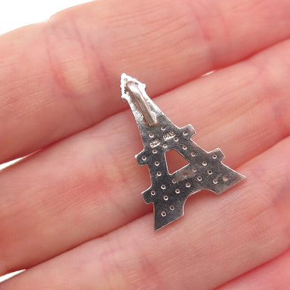 925 Sterling Silver Real Black Diamond Eiffel Tower Slide Charm Pendant