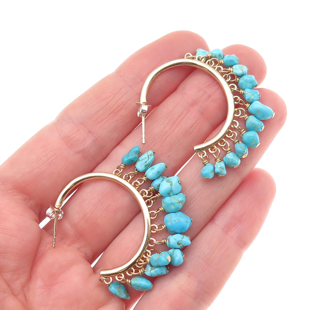 925 Sterling Silver Gold Plated Real Turquoise Beads Hoop Earrings