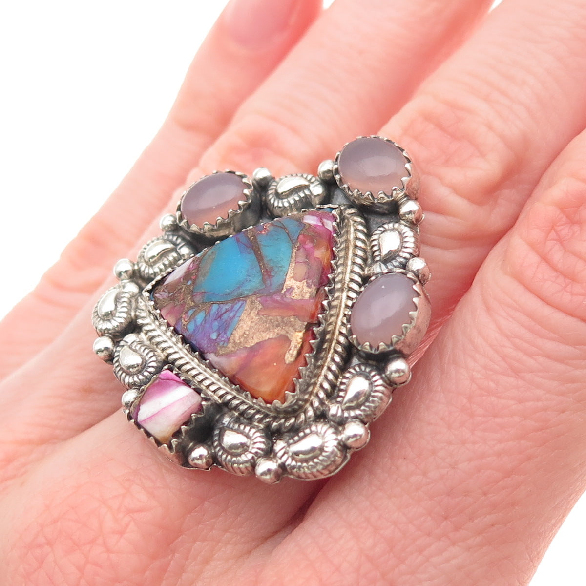 925 Sterling Vintage Mohave Turquoise & Pink Moonstone Adjustable Ring Size 7.5