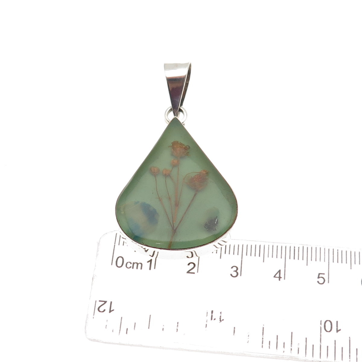 925 Sterling Silver Vintage Mexico Enamel Pressed Flowers Teardrop Pendant