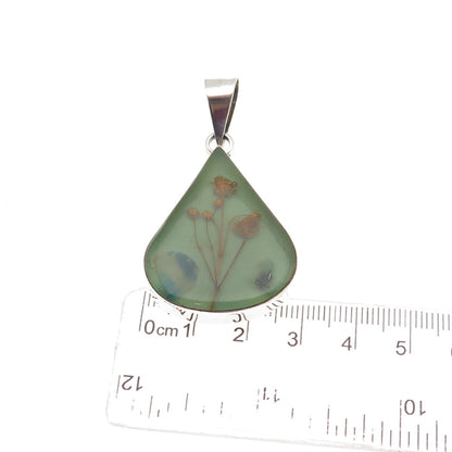 925 Sterling Silver Vintage Mexico Enamel Pressed Flowers Teardrop Pendant