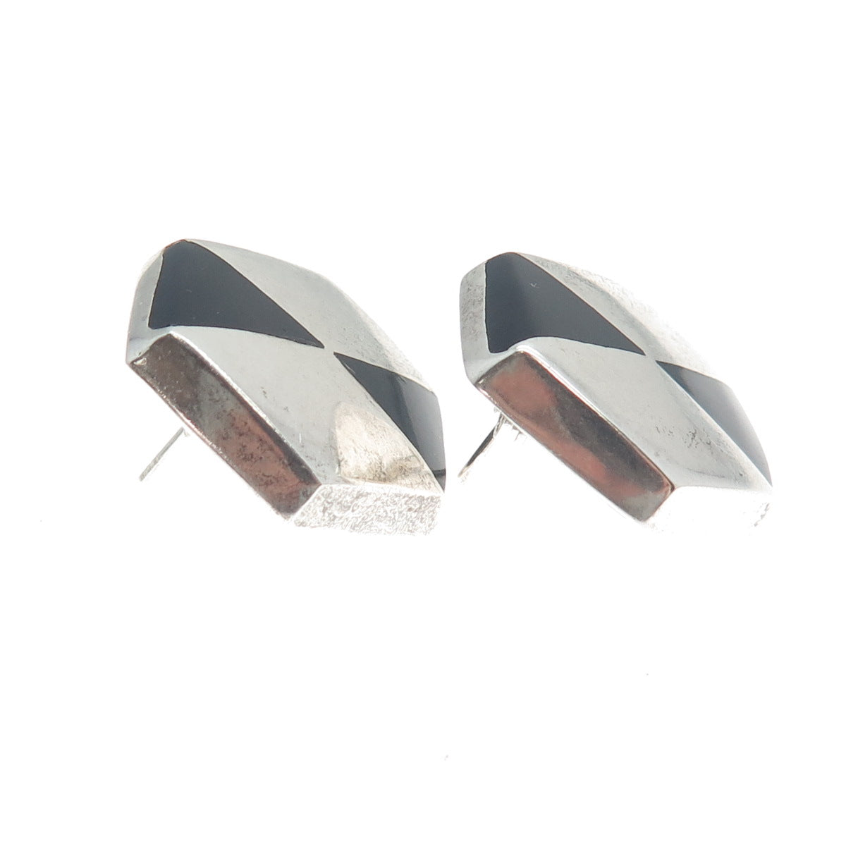 925 Sterling Silver Vintage Mexico Real Black Onyx Geometric Earrings