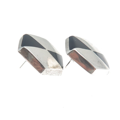 925 Sterling Silver Vintage Mexico Real Black Onyx Geometric Earrings