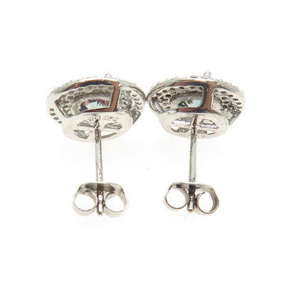 RIIF 925 Sterling Silver Real Round-Cut Mystic Topaz & C Z Stud Earrings