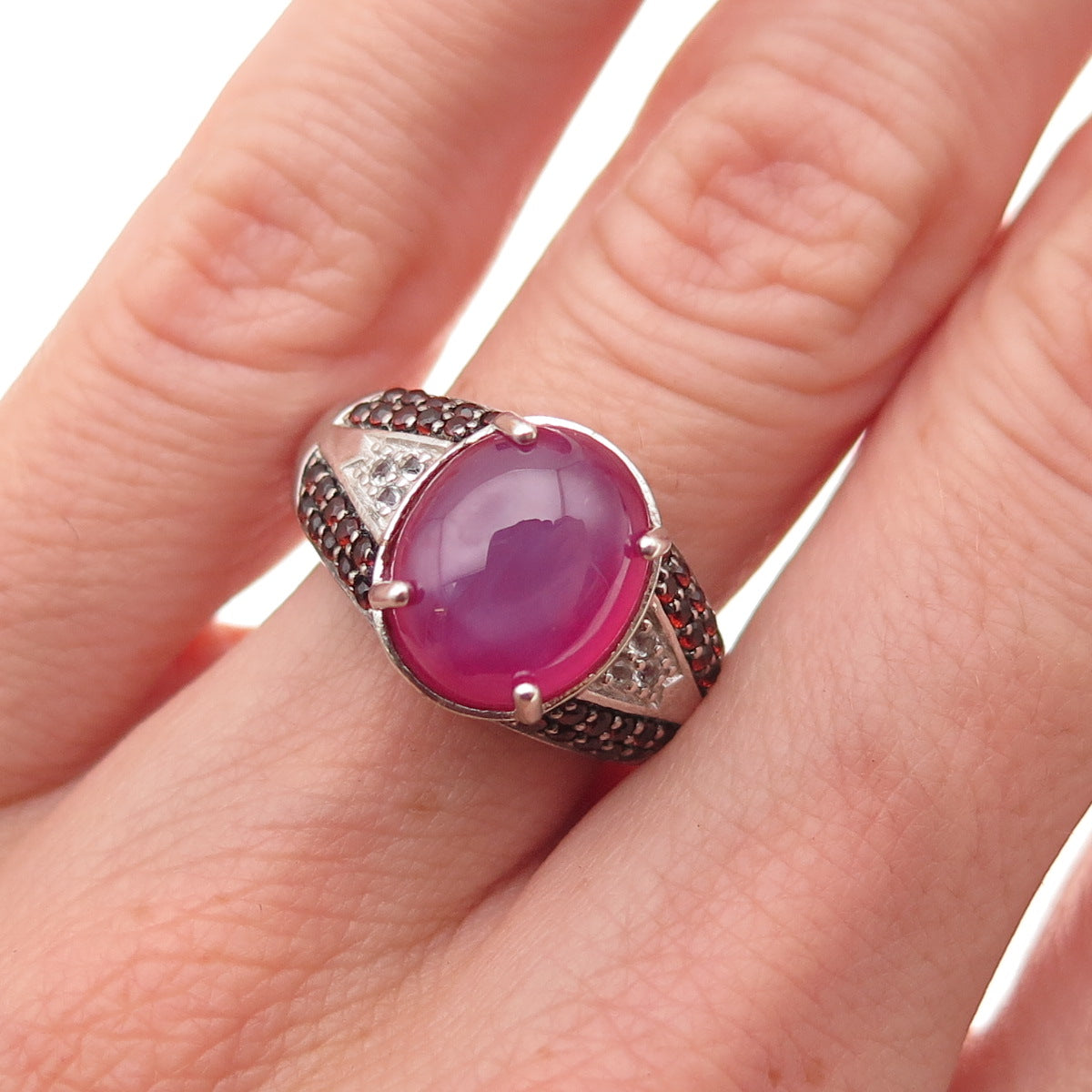 925 Sterling Lab-Created Star Ruby Real White Topaz & Red Garnet Ring Size 6