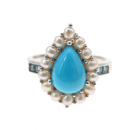 925 Sterling Silver Real Sleeping Beauty Turquoise Pearl Blue Topaz Ring Size 8
