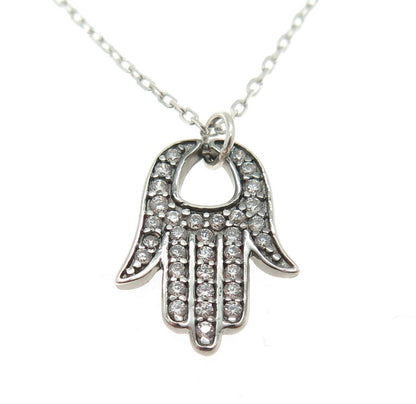 925 Sterling Silver Round-Cut C Z Hamsa Amulet Cable Chain Necklace 16-18"