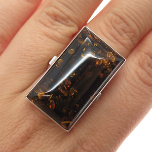 925 Sterling Silver Vintage Poland Real Amber Modernist Ring Size 6.75