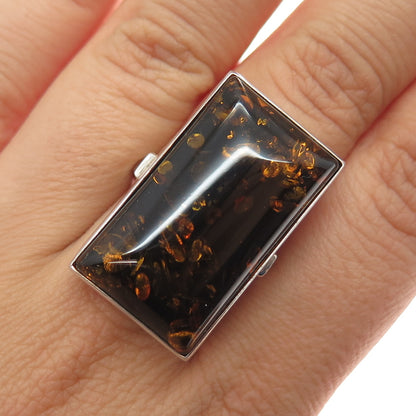 925 Sterling Silver Vintage Poland Real Amber Modernist Ring Size 6.75