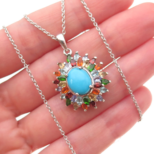 D'Joy 925 Sterling Silver Real Turquoise & Multi-Gem Cable Chain Necklace 20"