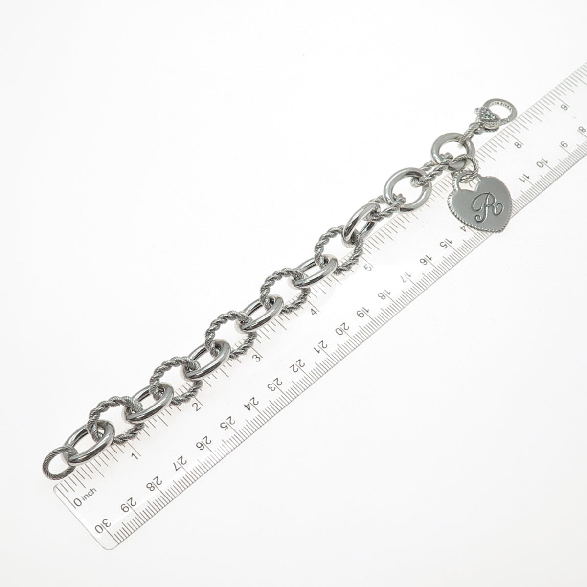 JUDITH RIPKA 925 Sterling Silver C Z Letter R Heart Tag Cable Link Bracelet 7.5"