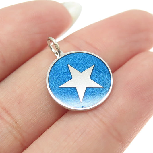 925 Sterling Silver Blue Enamel Star Round Tag Minimalist Charm Pendant