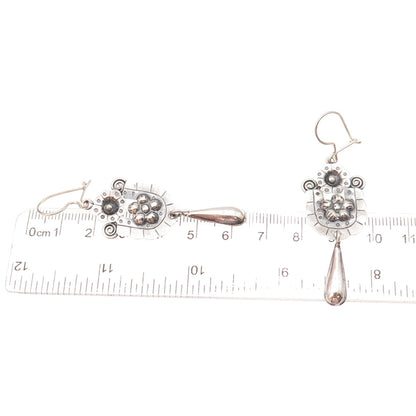 925 Sterling Silver Vintage Floral Oxidized Dangle Earrings