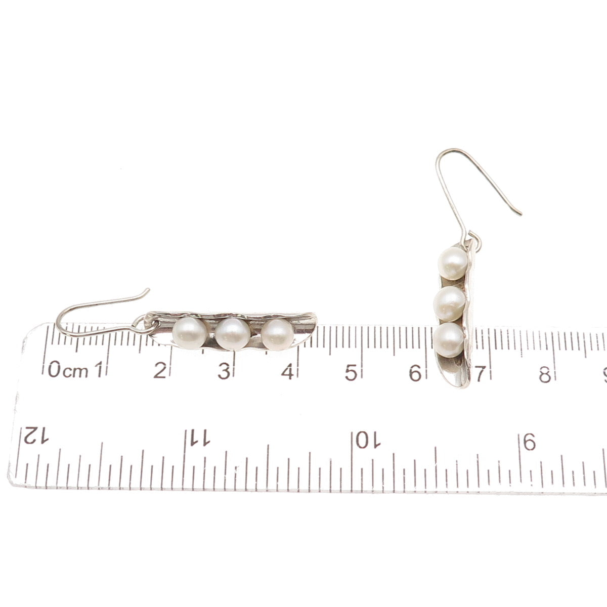 950 Silver Vintage Real Pearl Modernist Peapod Dangle Earrings